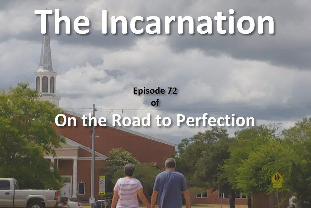 The Incarnation is the topic of this episode, with the iconic cover of Beth and Kristofer walking toward a Catholic Church, seeing them from behind with the Church rising before them, and the title of the podcast and episode information in text on the image.