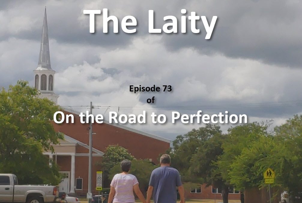 The Laity is the topic of this episode, with the iconic cover of Beth and Kristofer walking toward a Catholic Church, seeing them from behind with the Church rising before them, and the title of the podcast and episode information in text on the image.