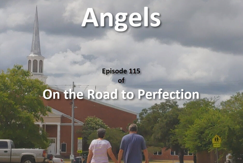 Angels is the topic of this episode, with the iconic cover of Beth and Kristofer walking toward a Catholic Church, seeing them from behind with the Church rising before them, and the title of the podcast and episode information in text on the image.