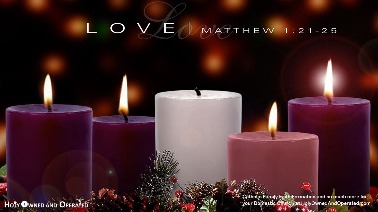 God is With Us - Advent Candles with three purple and one pink candle lit. Love - Matthew 1:21-25 text across top of image.